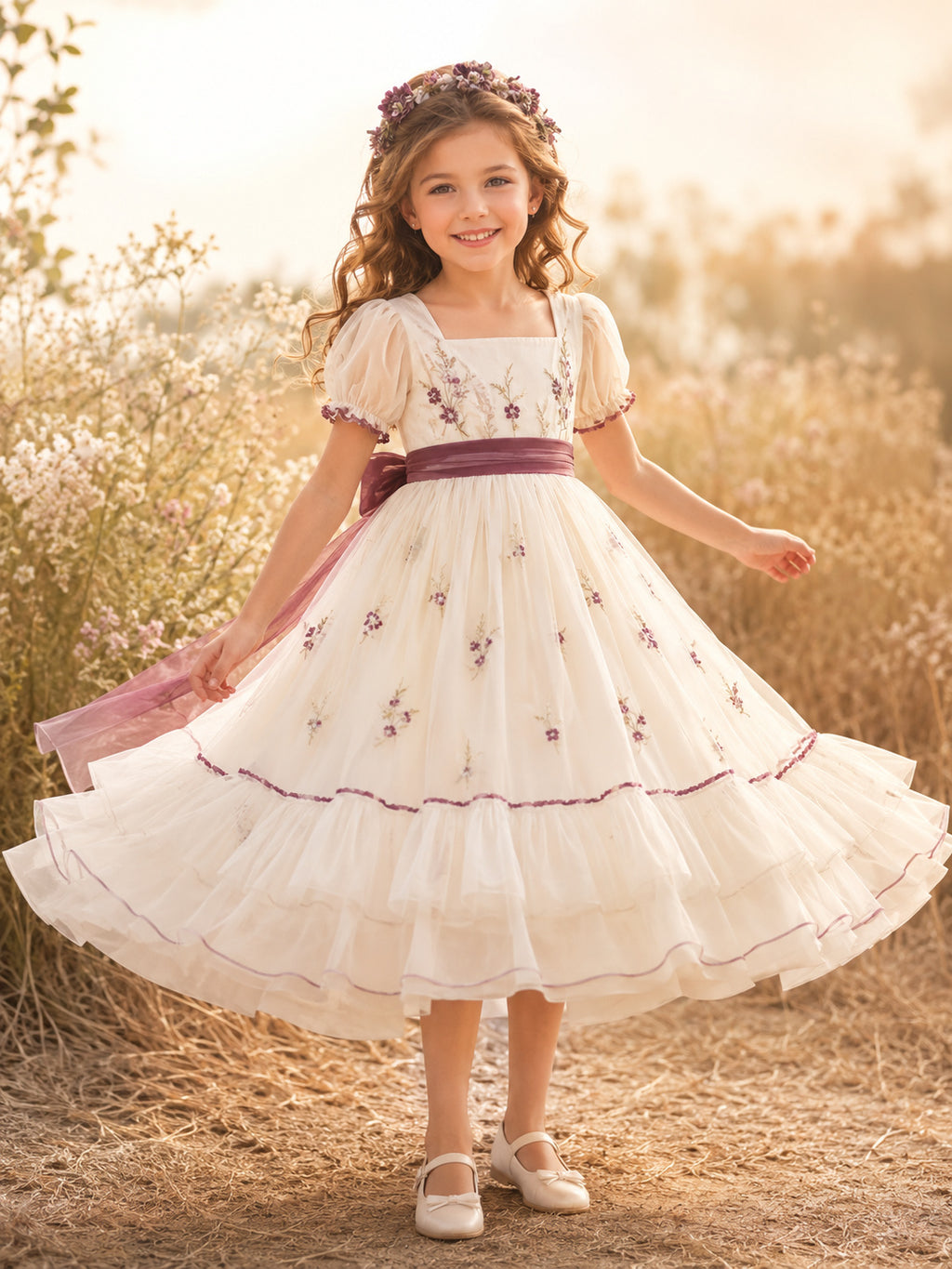 Flower Girl Dress A-Line Cream Plum Floral Tiered Tulle Flutter Sleeve front view