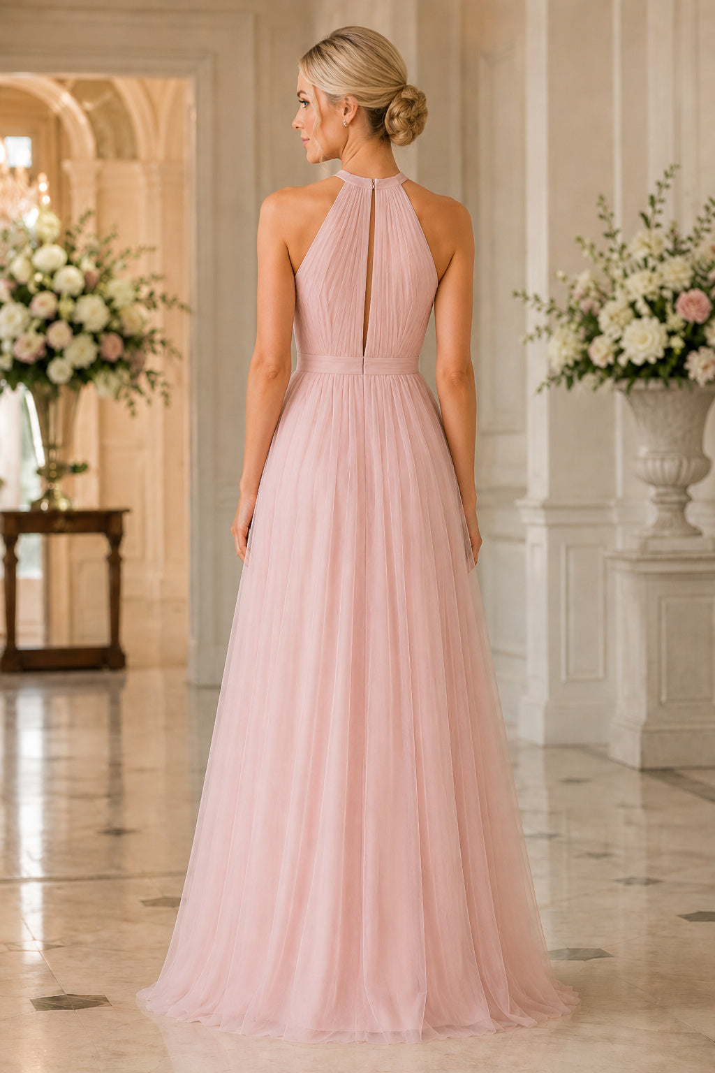 Blush Halter Neck Tulle A-Line Bridesmaid Dress with Keyhole Back back view