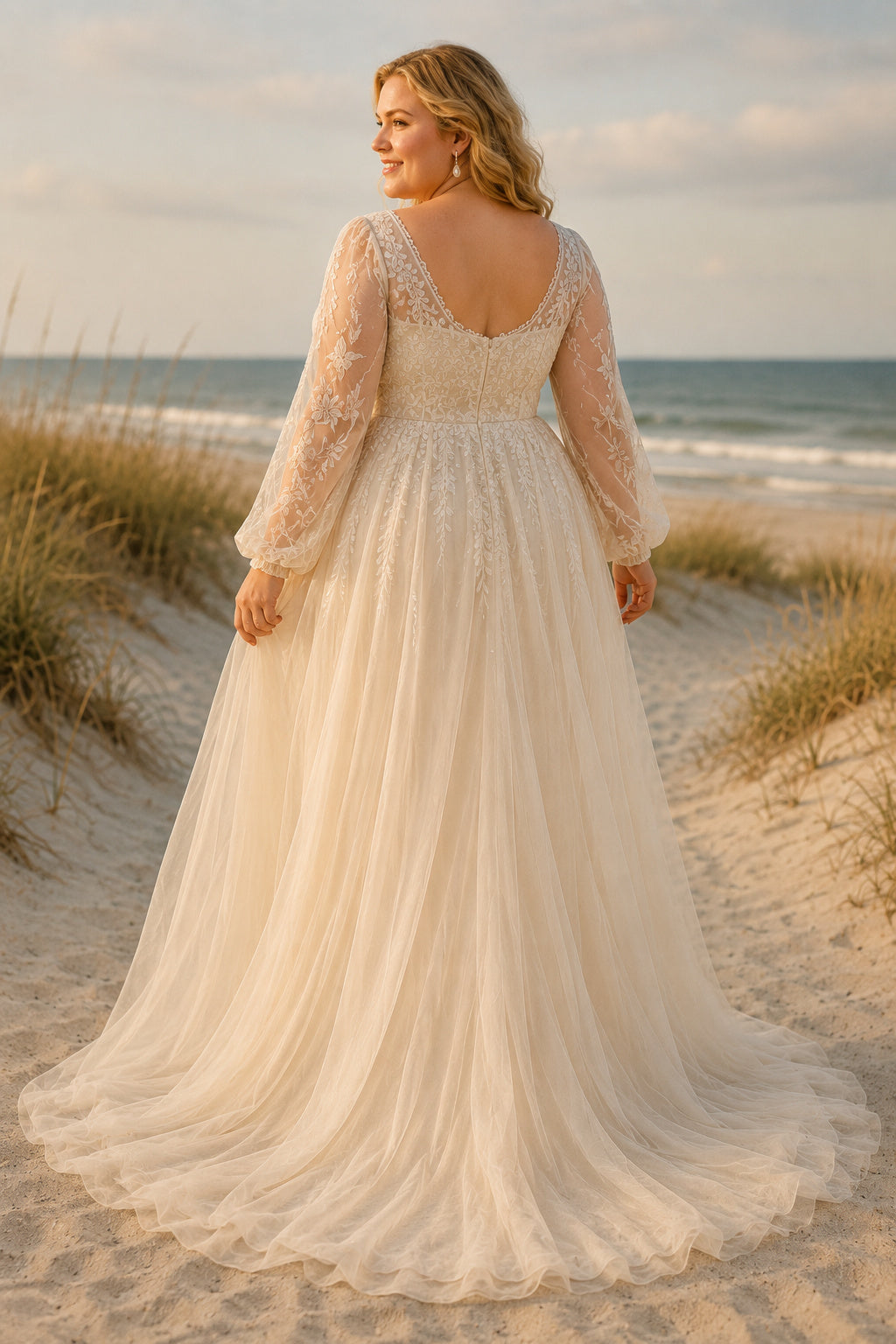 Plus Size Ivory Scoop Neck Bell Sleeve Lace Tulle A-Line Wedding Dress with Bell Sleeves and Soft Chiffon Skirt back view