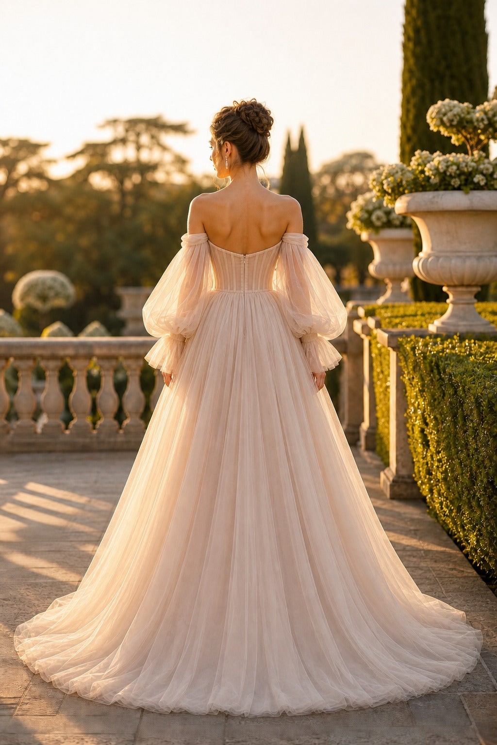 Champagne Off-the-Shoulder Floor-Length Tulle Ball Gown