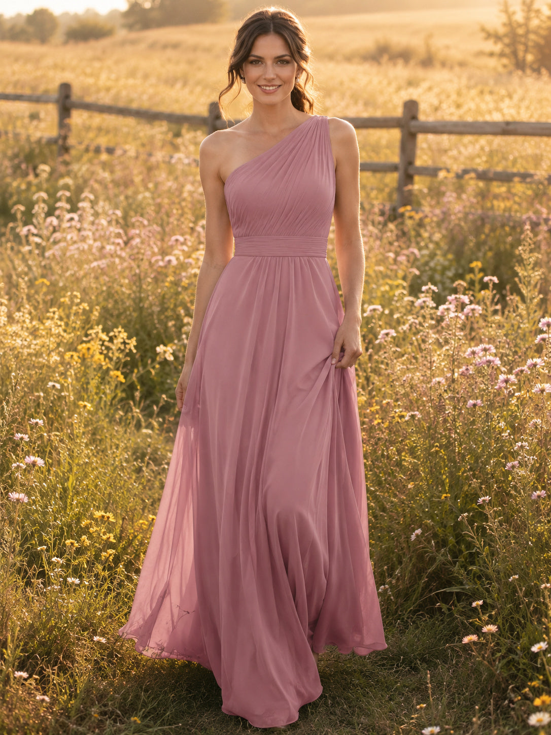 Mauve Chiffon A-Line One-Shoulder Sleeveless Pleated Open Back Floor-Length Bridesmaid Dress front view