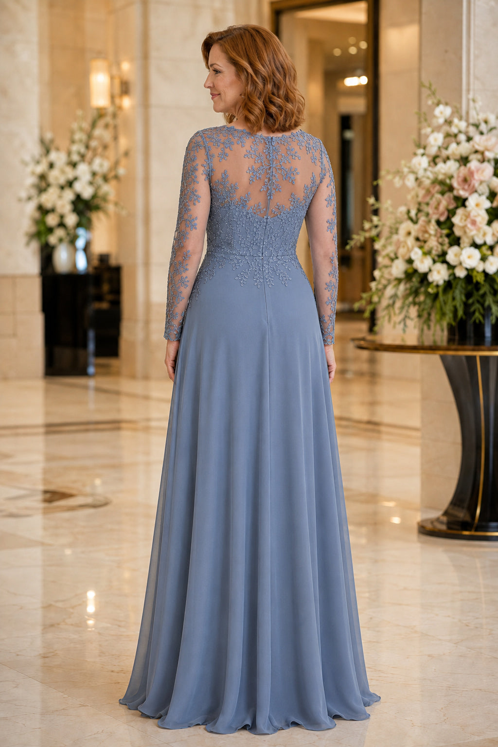 Steel Blue Long Sleeve Chiffon A-Line Mother Dress with Lace Illusion Bodice Style MG_300401 back view