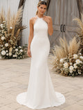 Halter Minimalist Crepe Sheath Keyhole Back Wedding Dress front view