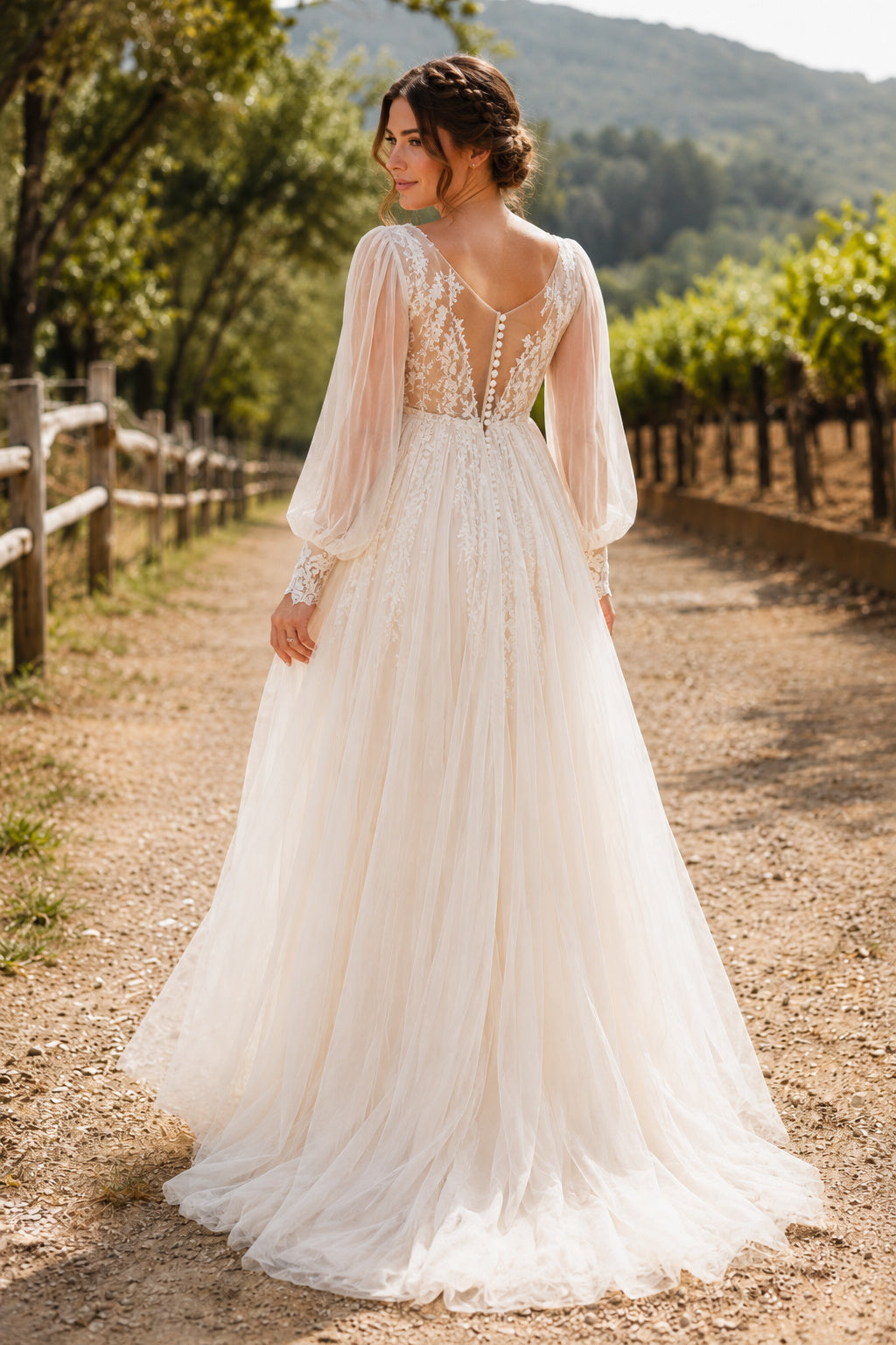Ivory Long Puff Sleeve Maternity Wedding Dress with Lace Bodice and Tulle Skirt back view