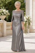 Silver Bateau Three-Quarter Sleeve Sheath Mother Dress with Metallic Draped Skirt front view
