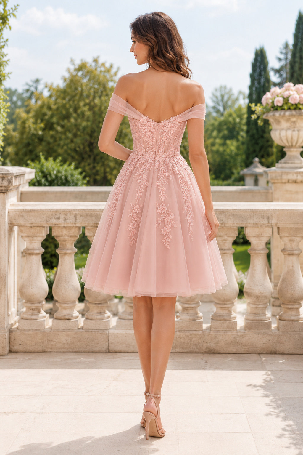 Blushing Pink Off Shoulder Tulle A-Line Knee Length Dress with Lace Applique back view