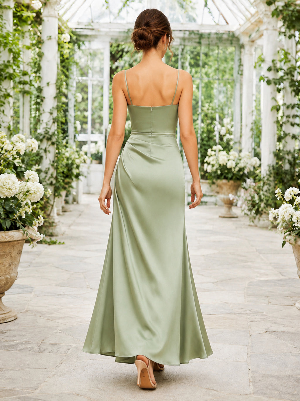 Sage Romantic Garden Wedding Guest Dress Sheath Satin Cowl Neck Spaghetti Strap Sleeveless Ankle-Length Side Slit back view