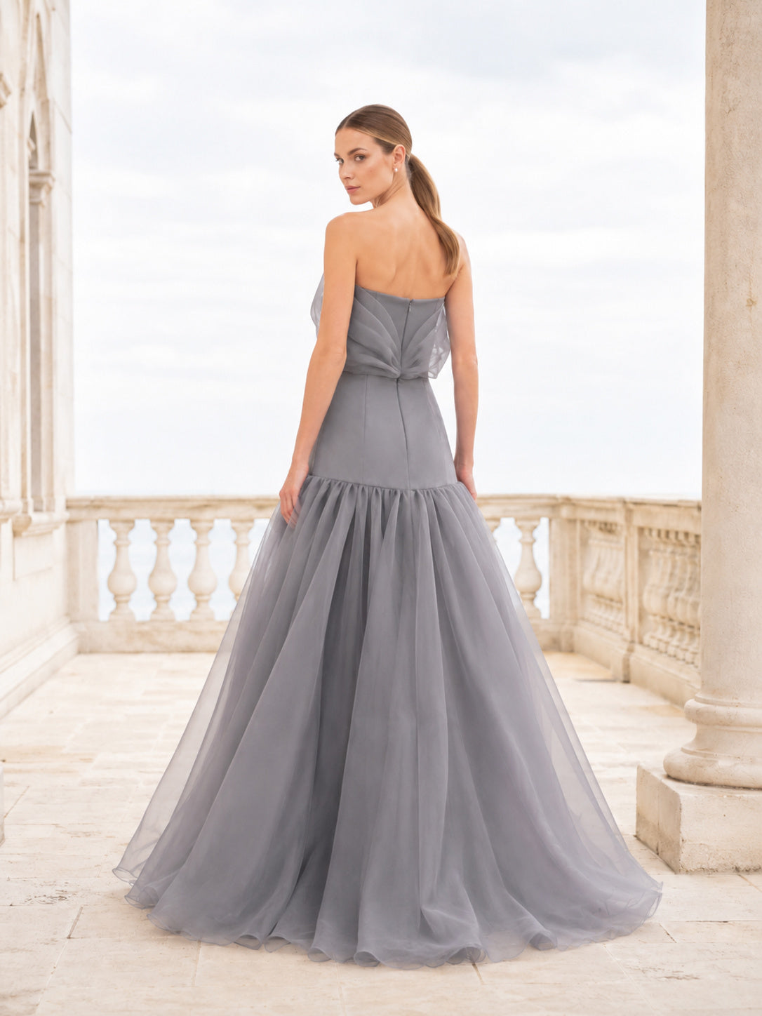 Steel Gray Strapless Front Bow Tiered Tulle A-Line Wedding Gown back view