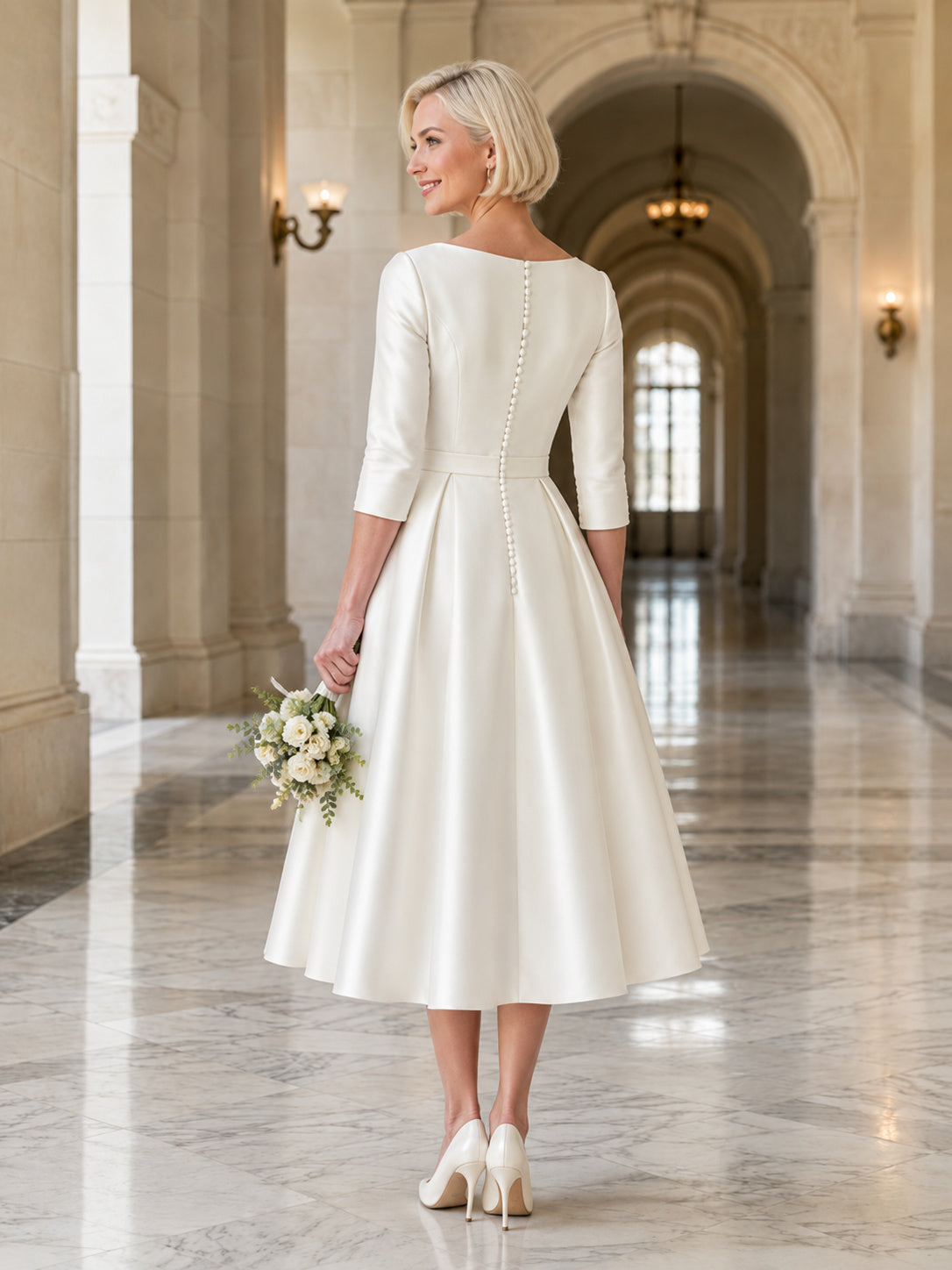 Vintage Courthouse Bateau Three Quarter Sleeve Satin Tea Length A-Line Wedding Dress back view