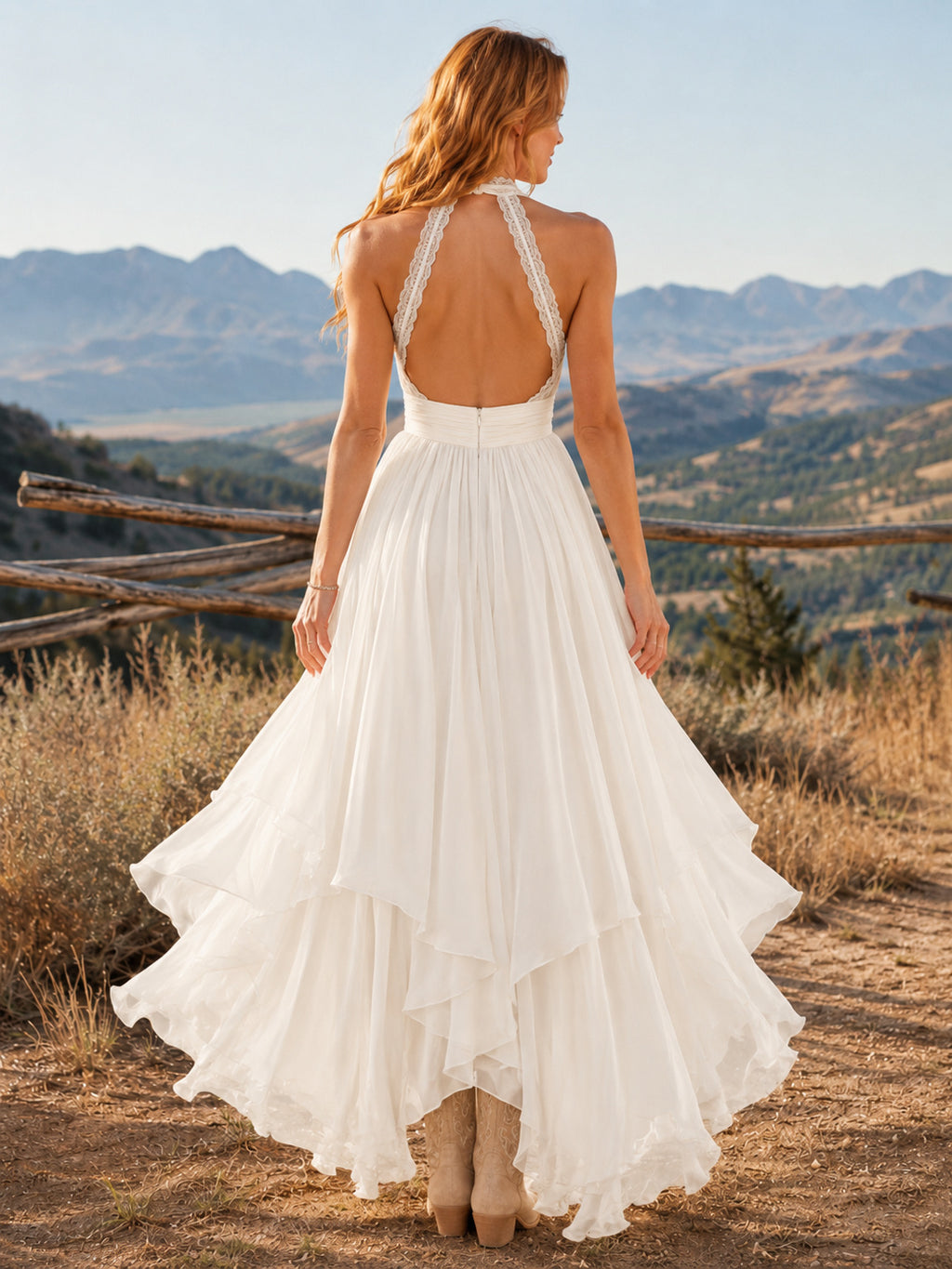 Maternity Wedding Dress Halter Neck Simple A-Line Chiffon Gown with Keyhole Back and Train back view