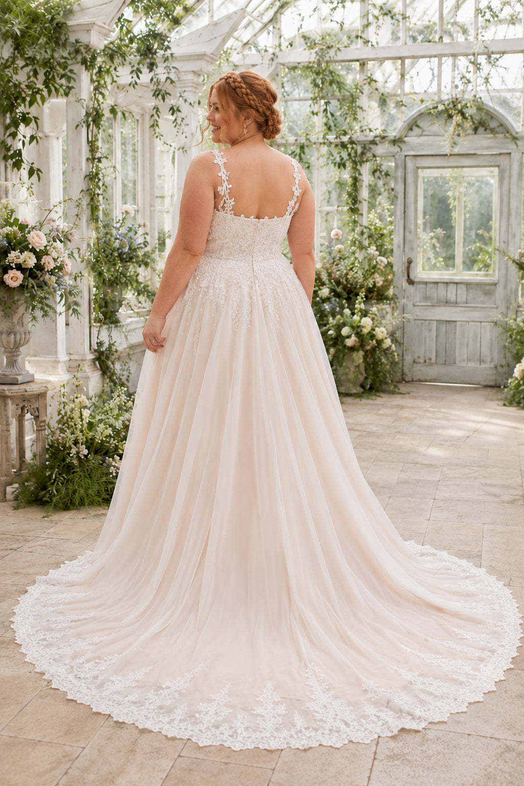 Ivory Plus Size Spaghetti Strap Lace A-Line Wedding Dress with Soft Tulle Skirt and Train back view