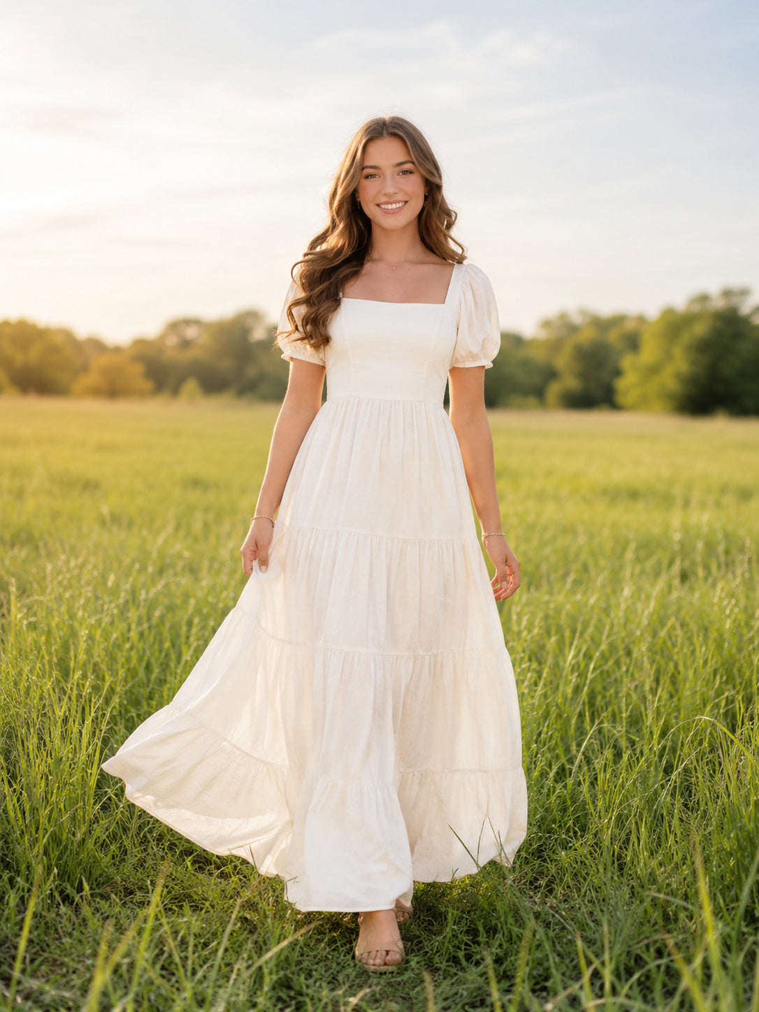 Soft short sleeve square neck tiered maxi field dress front view