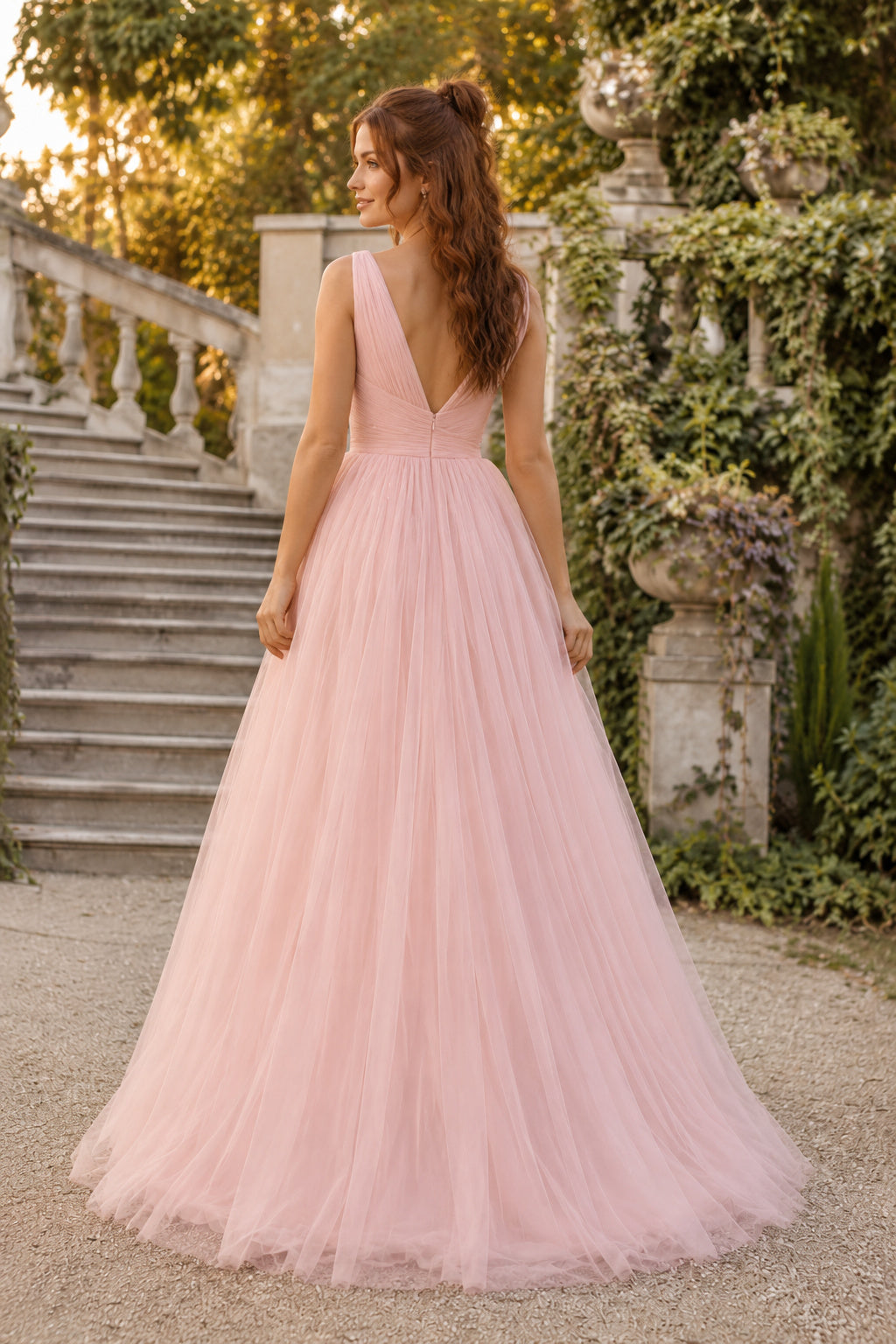Blushing Pink V Neck Sleeveless Tulle A Line Dress with Soft Full Skirt Floor Length A Line Prom Dress back view