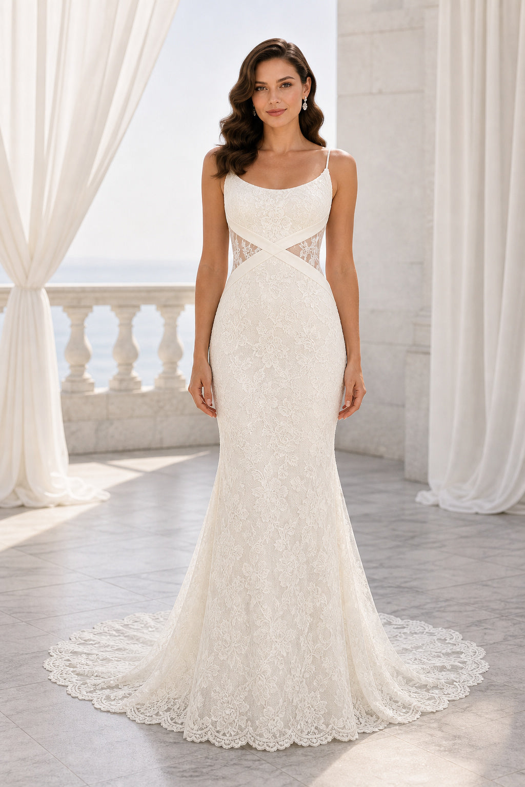 White Scoop Cap Sleeves A-Line Crepe Floor-length Wedding Dress With Layered Skirt and Beaded Bodice and Open Back