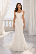 White Scoop Cap Sleeves A-Line Crepe Floor-length Wedding Dress With Layered Skirt and Beaded Bodice and Open Back