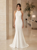 Minimalist Stretch Satin Wedding Dress Mermaid Halter Sleeveless Sweep Train Bridal Gown front view