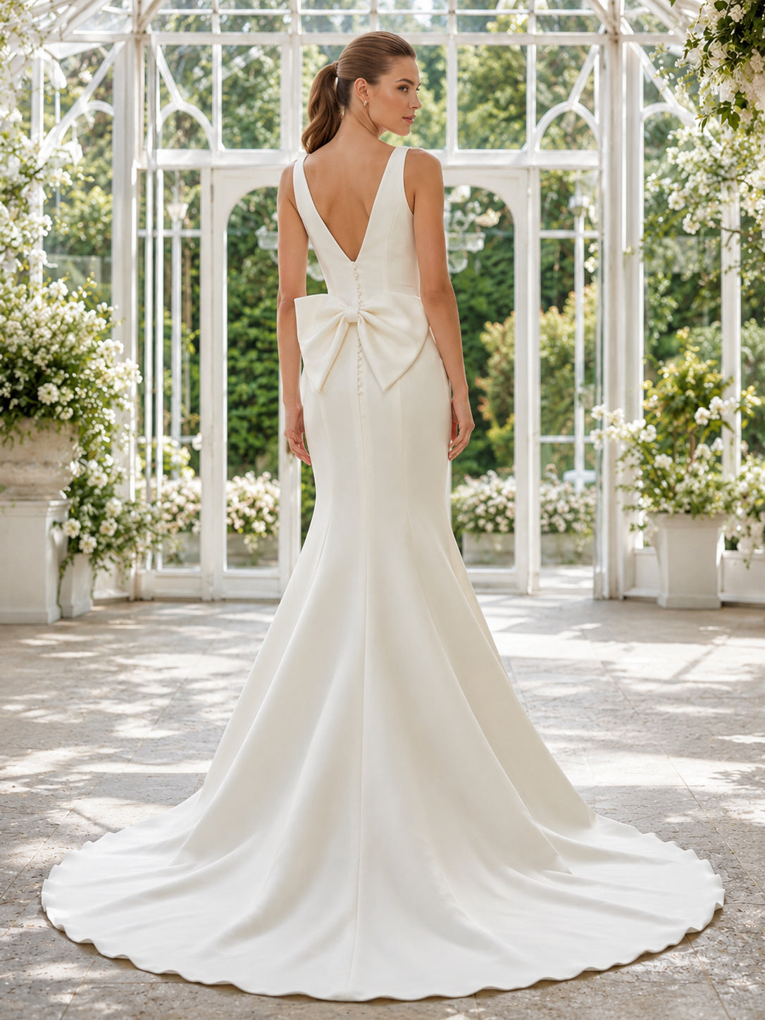 Minimalist Satin Wedding Dress Mermaid Bateau Neck Sleeveless Sweep Train Bridal Gown back view