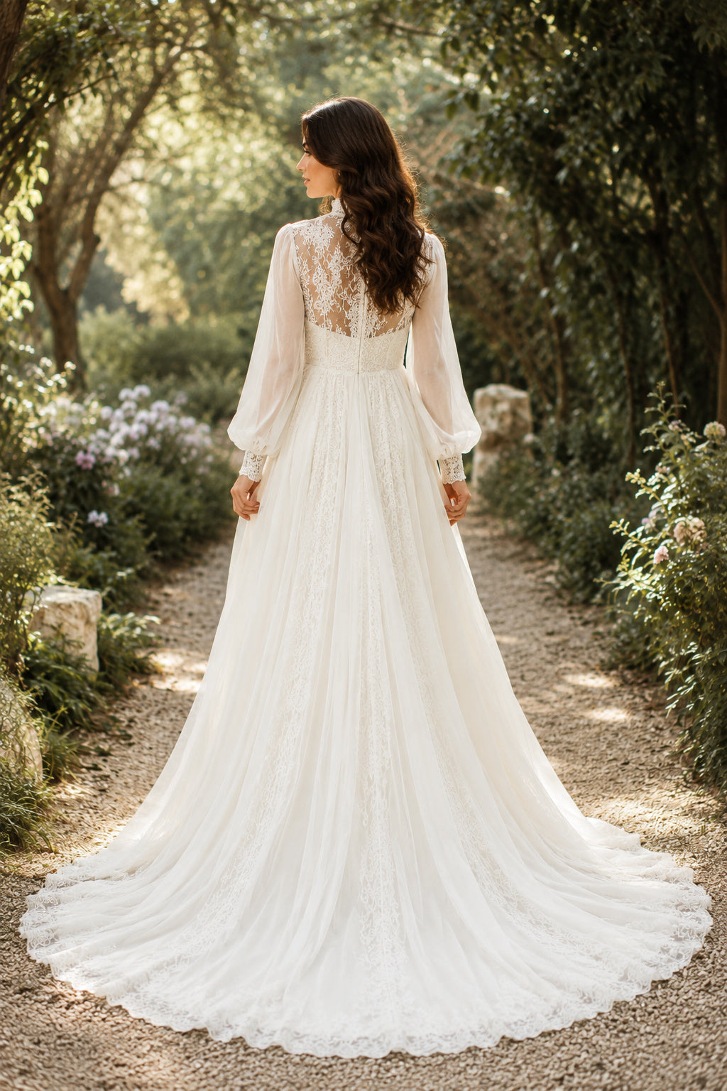 Ivory Luxury High Neck Ball Gown Full Tulle Wedding Dress with Long Puff Sleeves and Chapel Train back view