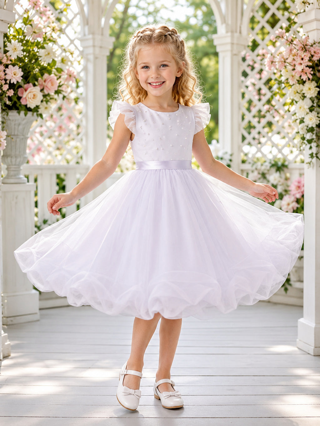 Lavender Bubble Hem A-Line Tulle Flower Girl Dress, Short Sleeve Cap, Square Neck, Tea-Length Garden Party front view