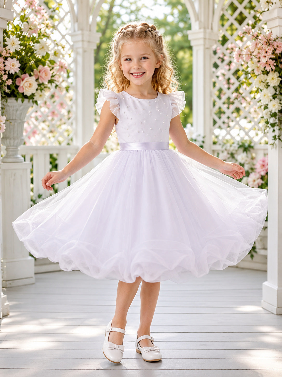 Lavender Bubble Hem A-Line Tulle Flower Girl Dress, Short Sleeve Cap, Square Neck, Tea-Length Garden Party front view
