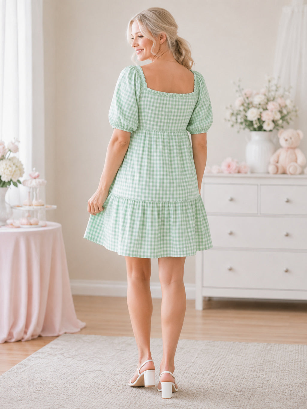 Mint Green Gingham Maternity Square Neck Puff Sleeve Tiered Short Dress back view