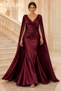 Burgundy V-Neck Satin Mermaid Evening Dress with Long Cape Sleeves and Sweep Train front view