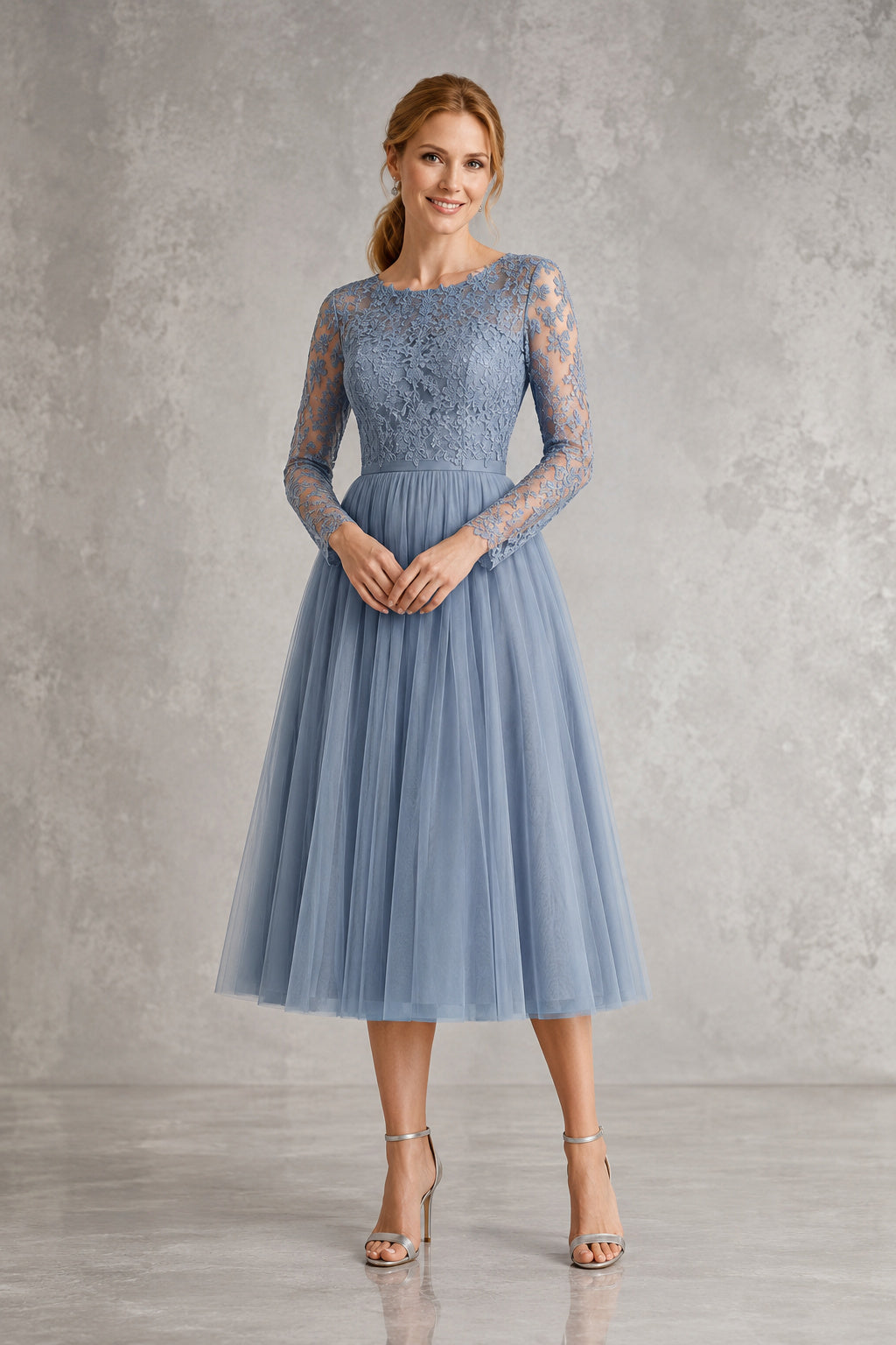 Slate Blue Long Sleeve Illusion Lace Bodice with Tea Length Skirt Tea Length A-Line Mother Dress front view
