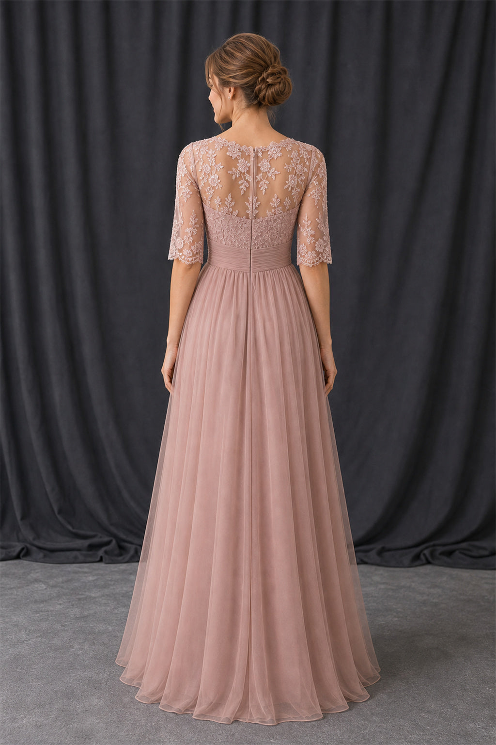 Dusty Rose Bateau Half Sleeve A-Line Tulle Floor-Length Dress With Lace Bodice