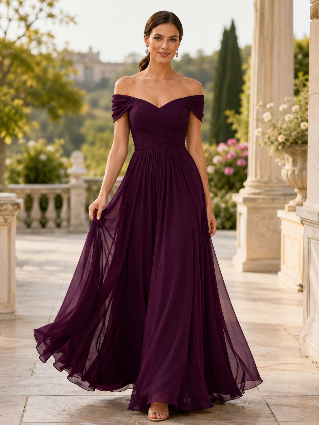 Plum Chiffon Off Shoulder A-Line Evening Gown front view