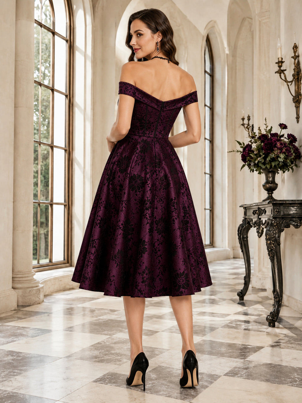 Plum Off Shoulder Floral Taffeta A Line Midi Guest Dress back view