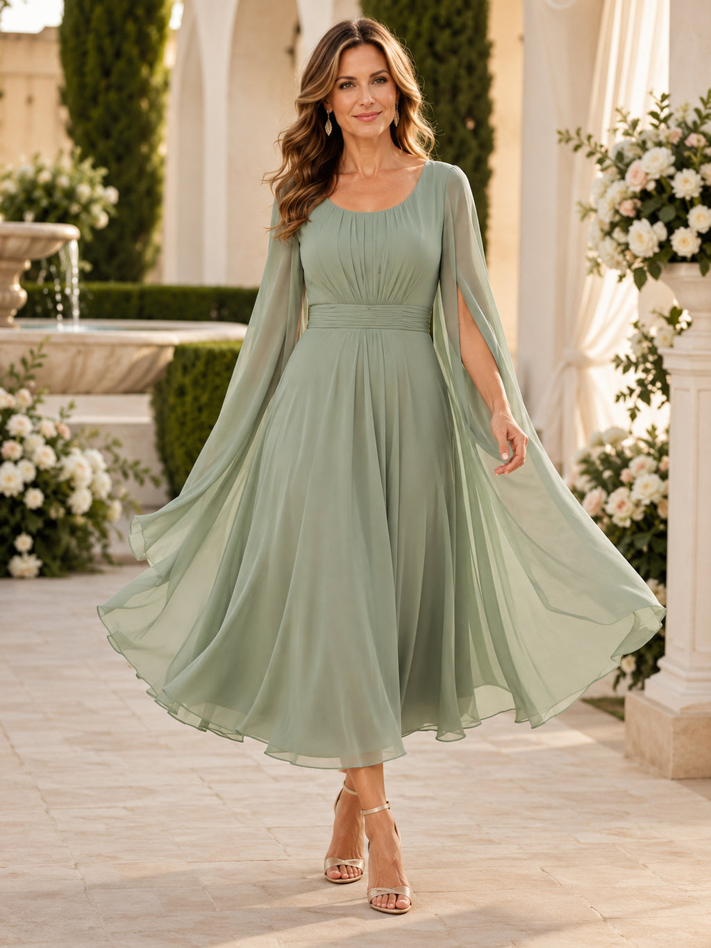 Sage Tea-Length A-Line Modern Mother of the Bride Dress with Scoop Neck Split Cape Sleeves and Full Skirt front view