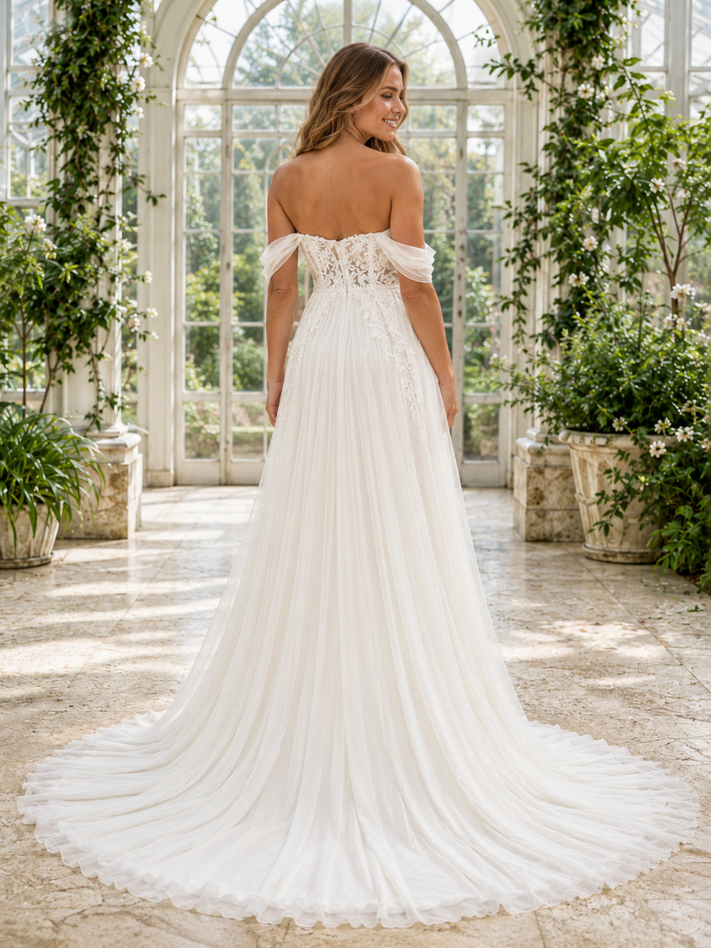 Beach Chiffon Wedding Dress A-Line Off Shoulder Short Sleeve Sweep Train Bridal Gown back view