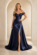 Dark Navy Off-the-Shoulder Satin A-Line Formal Dress with Side Slit front view