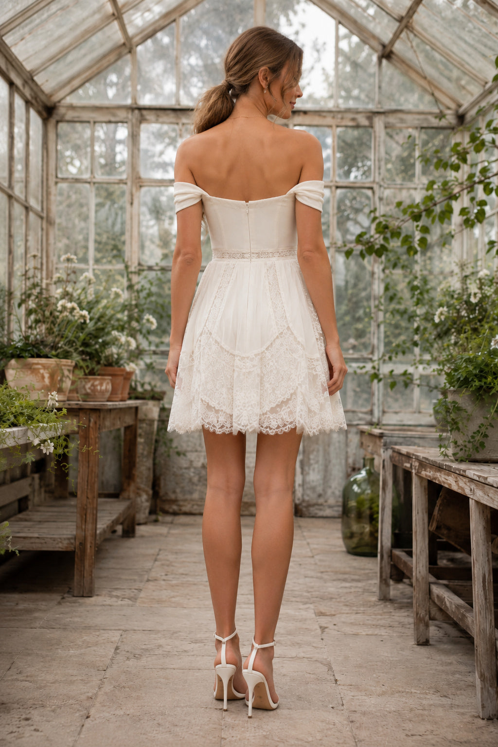 Ivory Off-the-Shoulder Short Wedding Dress with Lace Bodice and Soft Tulle Overlay back view