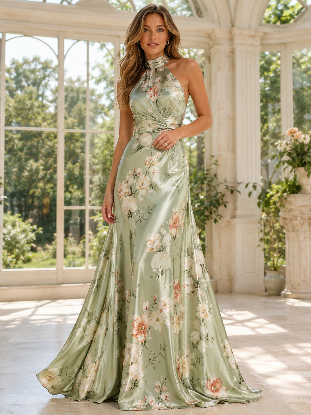 Sage Floral Halter High Neck Satin A Line Formal Gown front view