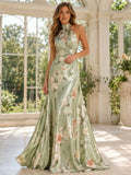 Sage Floral Halter High Neck Satin A Line Formal Gown front view