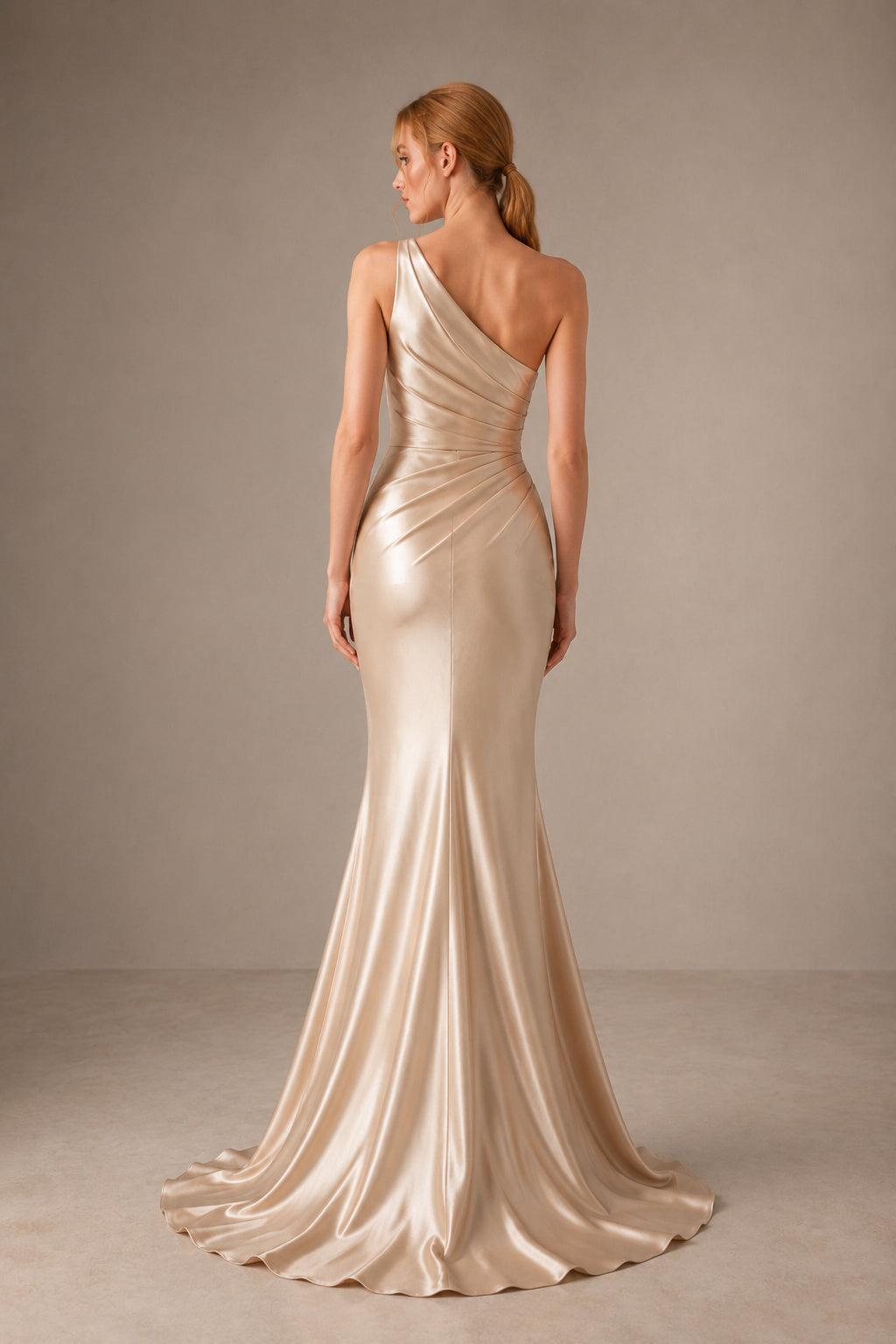 Champagne One-Shoulder Satin Mermaid Evening Dress with Draped Bodice back view
