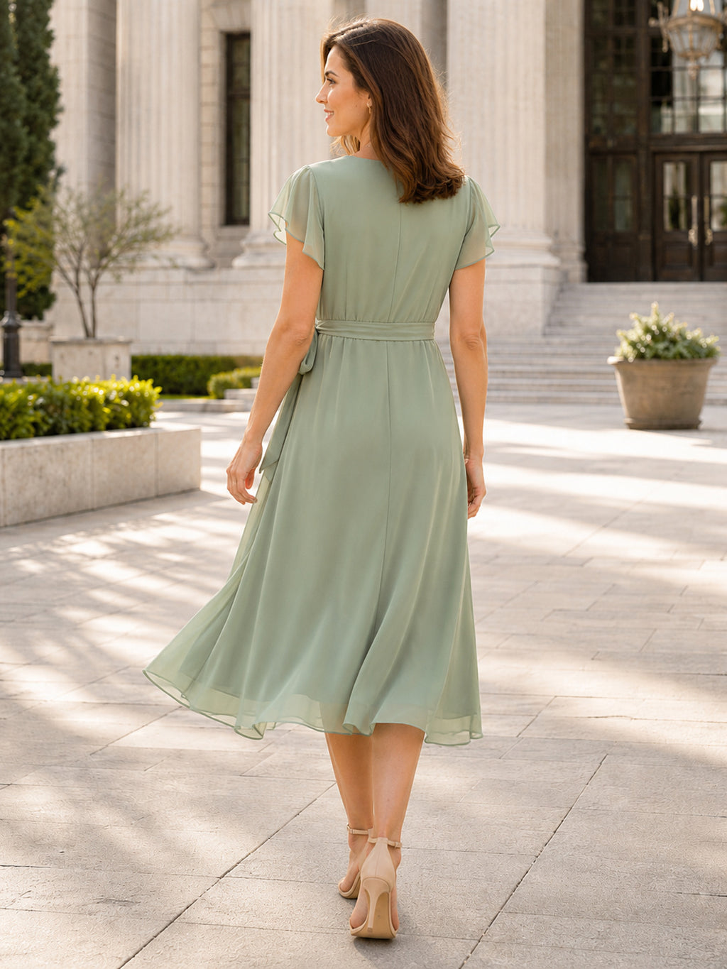 Courthouse Sage V-Neck Wrap Chiffon A-Line Tea-Length Short Sleeve Dress back view
