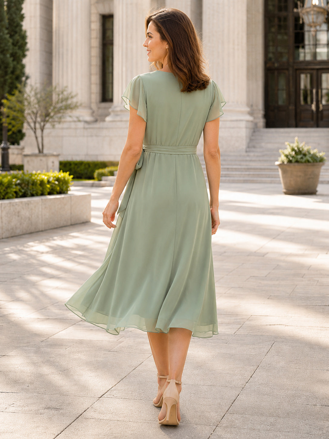Courthouse Sage V-Neck Wrap Chiffon A-Line Tea-Length Short Sleeve Dress back view