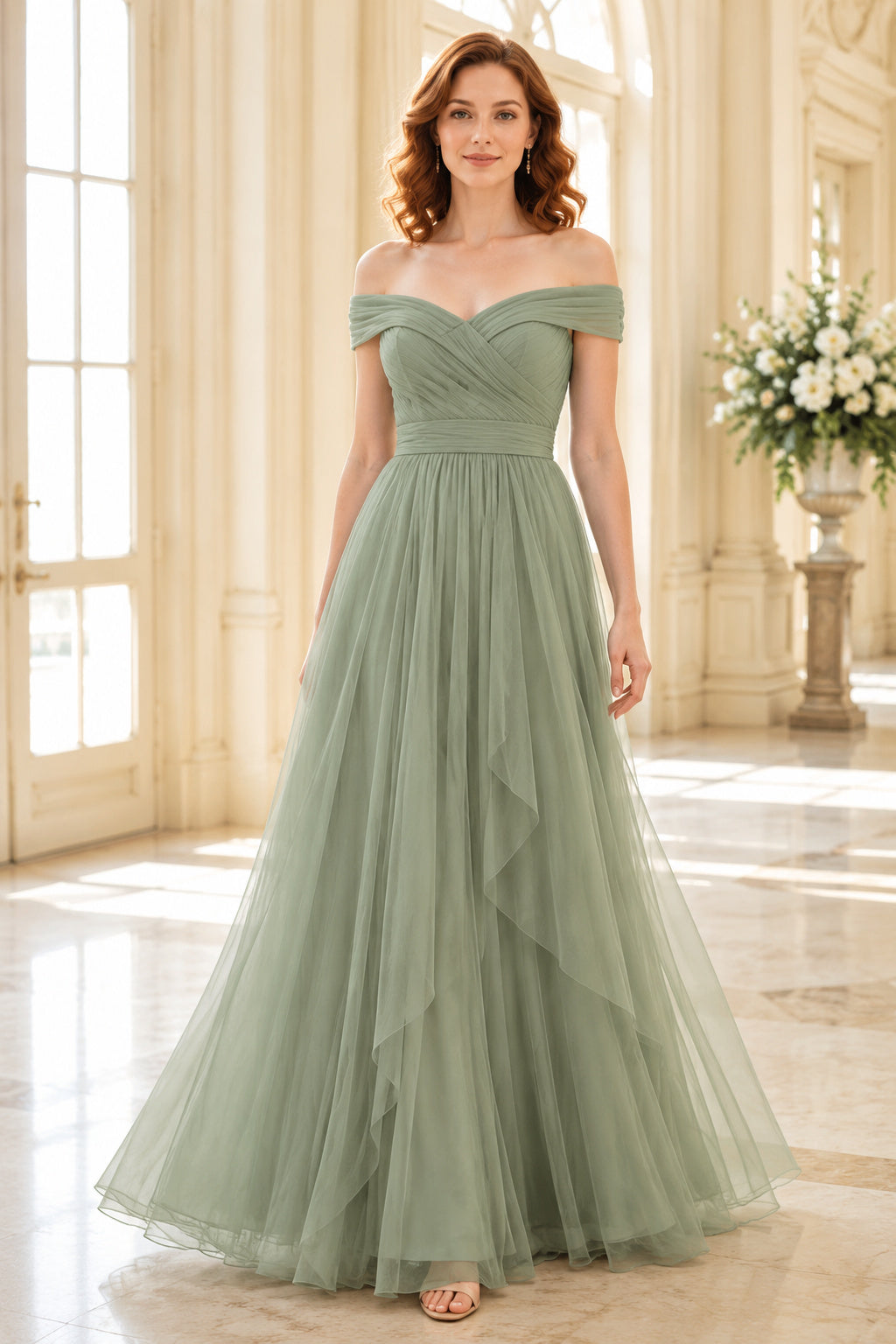 Sage Off-the-Shoulder Tulle A-Line Bridesmaid Dress with Sweetheart Bodice front view