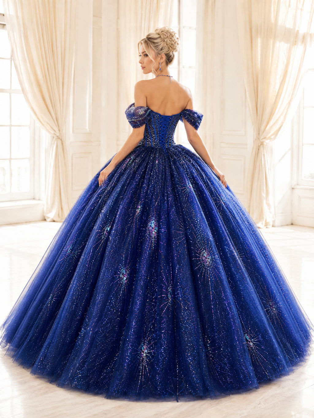 Royal Blue Luxury Off Shoulder Holographic Star Glitter Quinceanera Princess Ball Gown back view