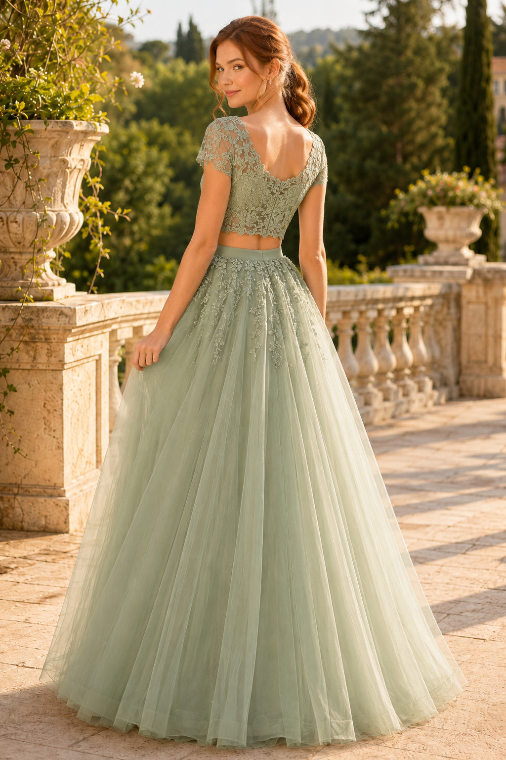 Sage Two Piece Lace Crop Top Tulle A-Line Formal Dress with Short Sleeves back view