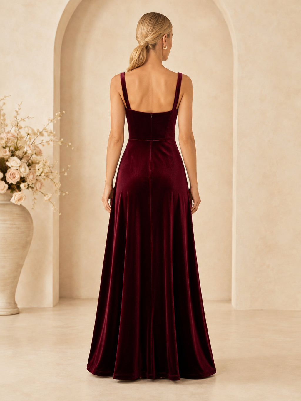 Burgundy Square Neck Velvet Sleeveless Evening Gown back view