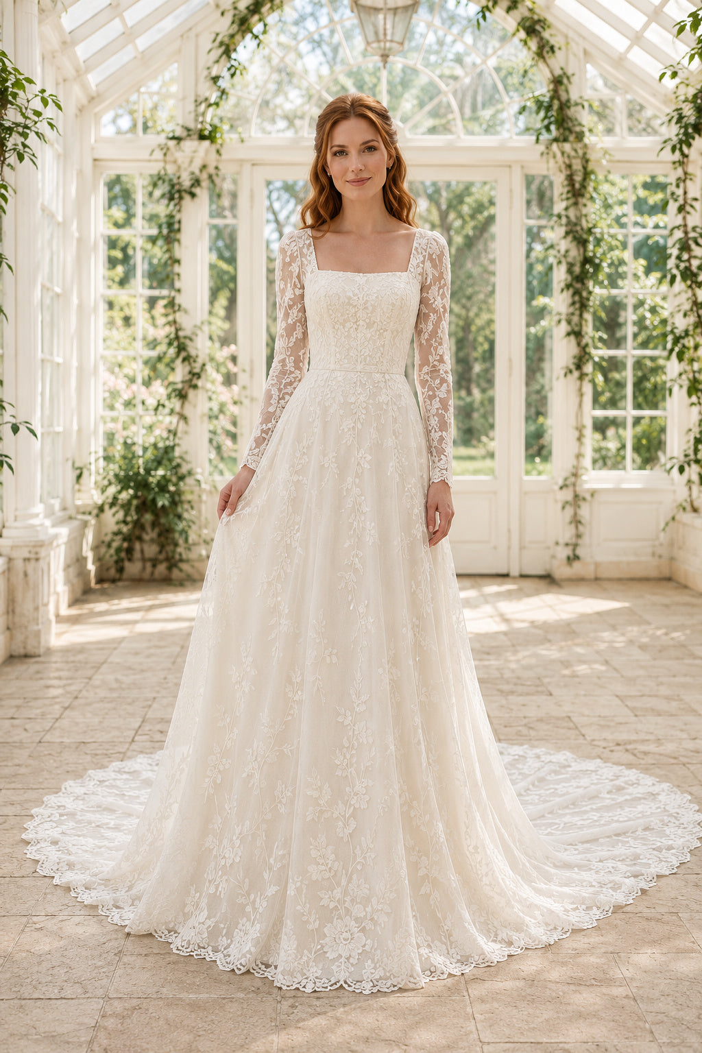 Square Neck Long Sleeve A-Line Wedding Dress with Allover Lace and Chapel Train for Beach Garden Ceremony front view