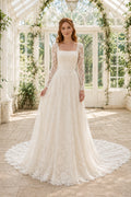 Square Neck Long Sleeve A-Line Wedding Dress with Allover Lace and Chapel Train for Beach Garden Ceremony front view
