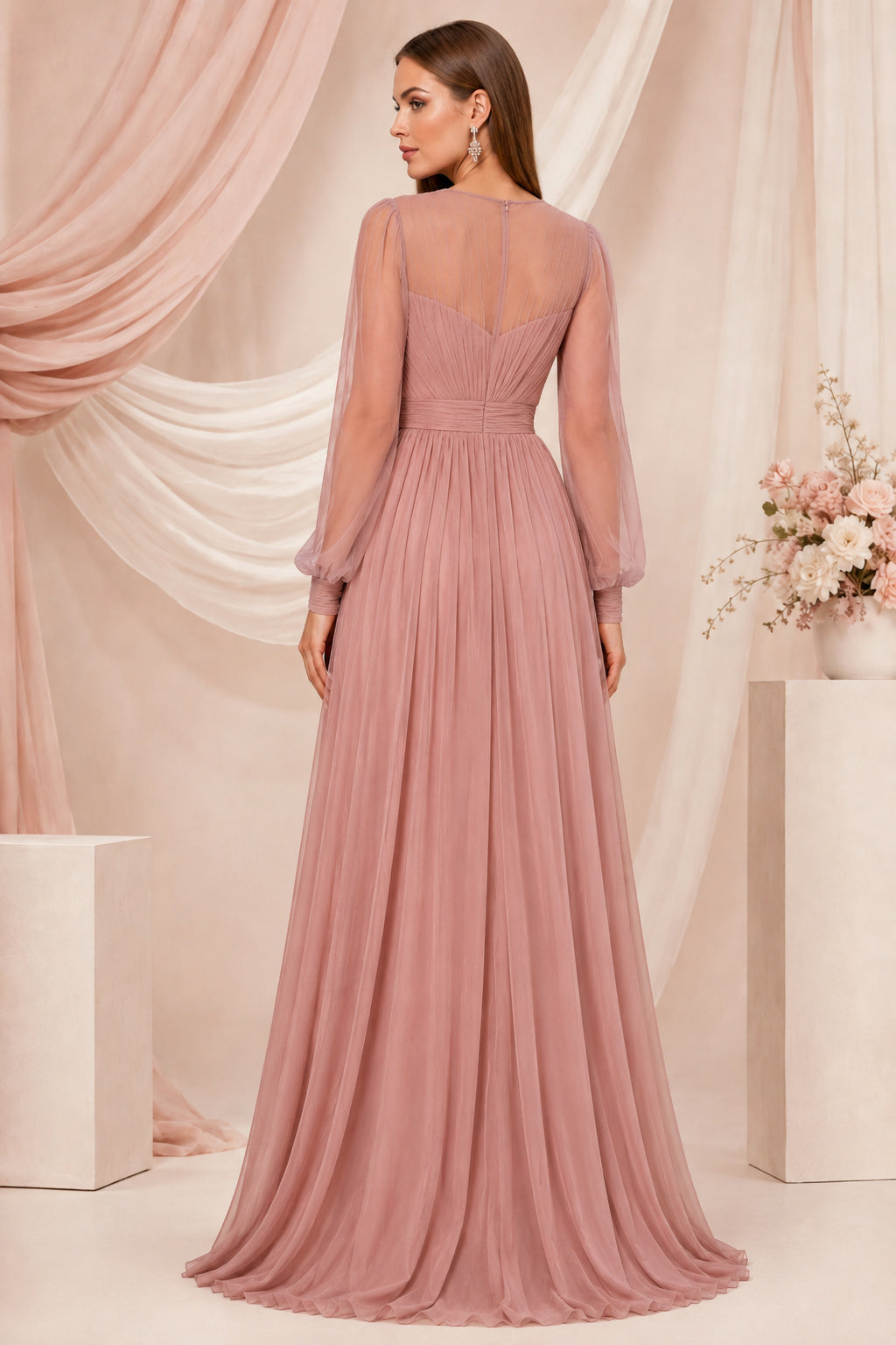 Dusty Rose Long Sleeve Chiffon A-Line Dress with Illusion Bodice back view