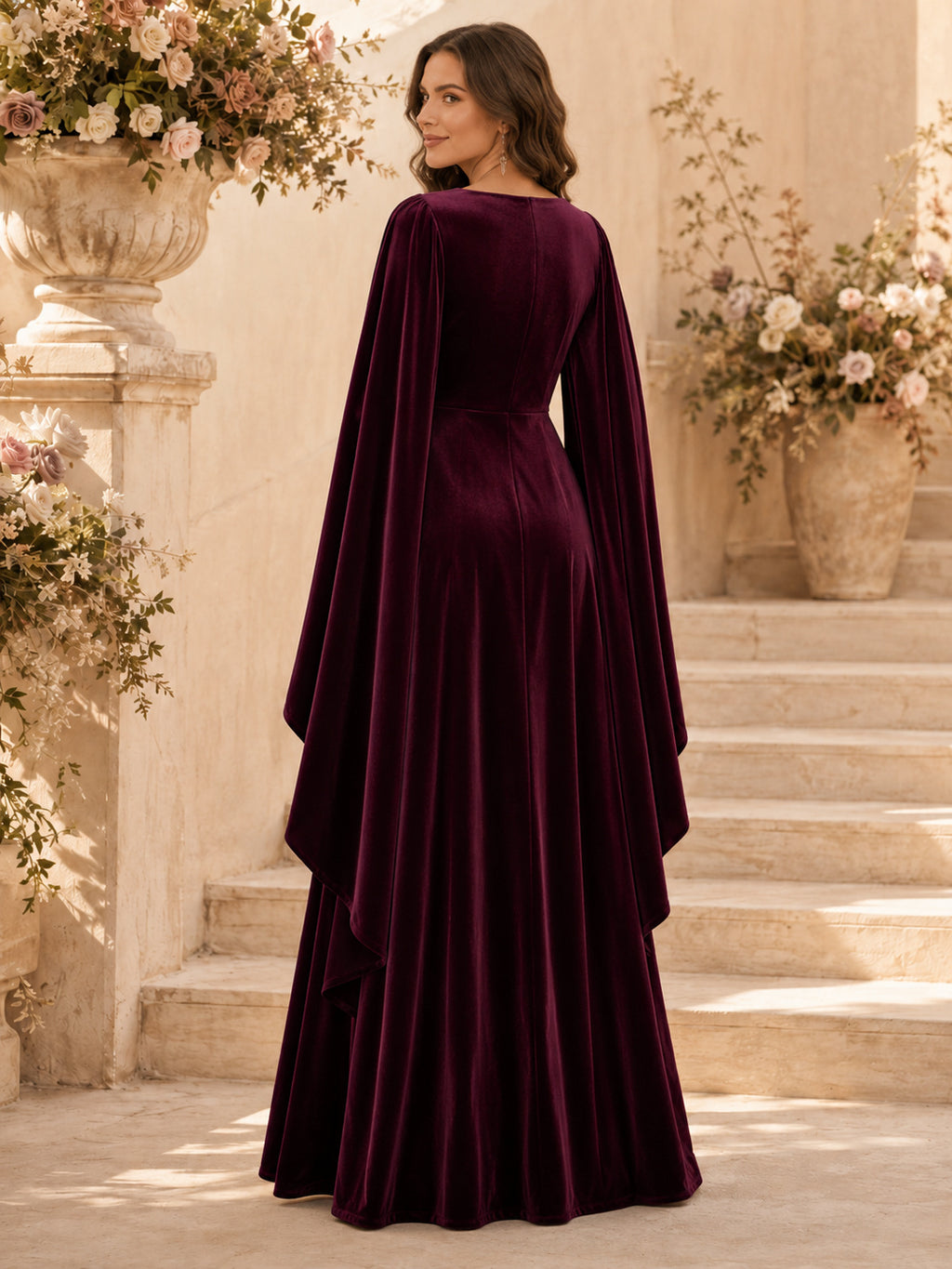 Formal Elegant Plum Square Neck Velvet Cape Formal Guest Dress back view