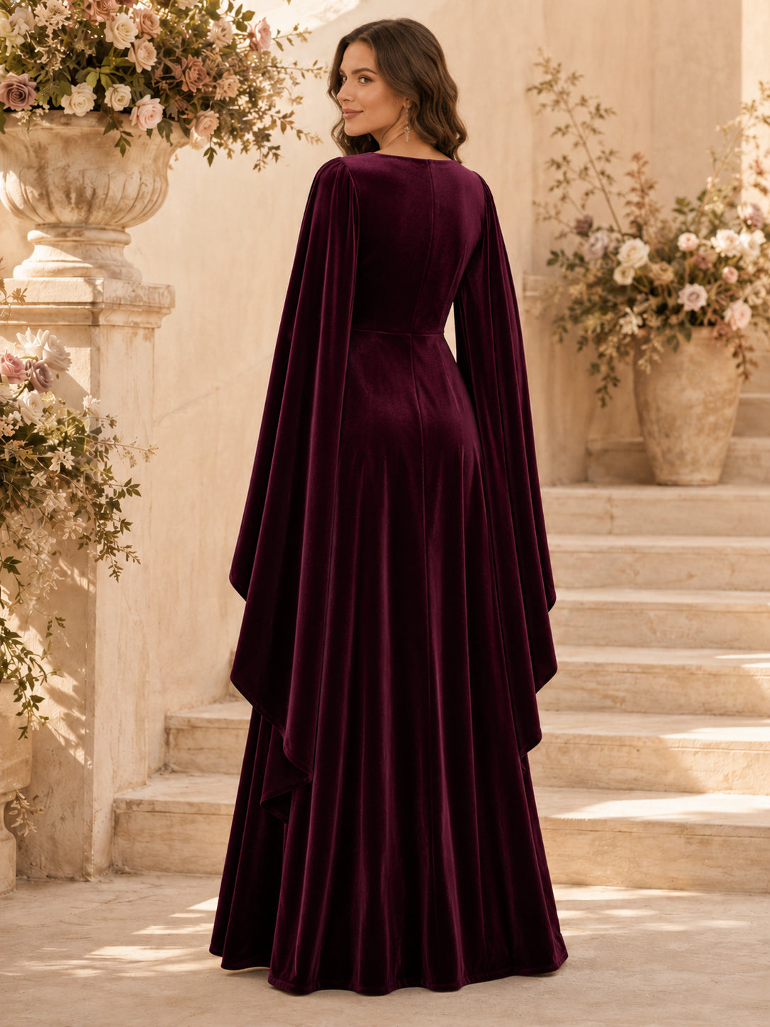 Formal Elegant Plum Square Neck Velvet Cape Formal Guest Dress back view