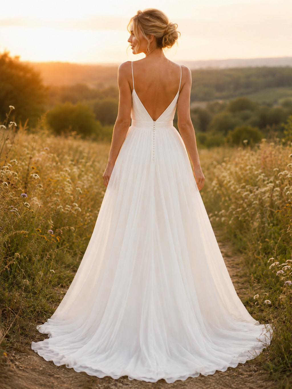 Flowing Spaghetti V Neck Ruched Chiffon A-Line Sweep Outdoor Wedding Gown back view