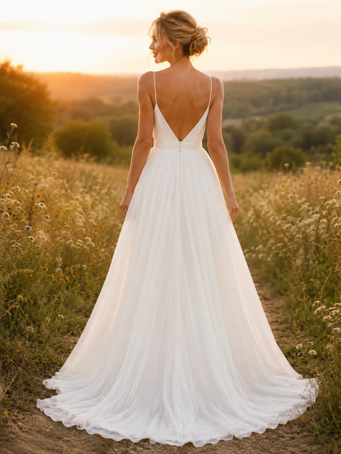 Flowing Spaghetti V Neck Ruched Chiffon A-Line Sweep Outdoor Wedding Gown back view